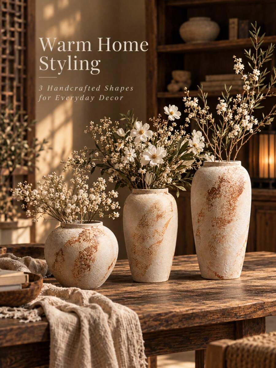Rustic Farmhouse Style Ceramic Vase, Vintage Distressed Texture Pottery Vase, Suitable For Dried Flowers And Reed Grass, Wabi-Sabi Neutral Home Decor, Living Room Dining Room Table Centerpiece Decoration, Fireplace Mantel Entryway Decor - Mottled - View 1