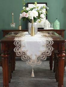 1pc Lace Trim Long Table Runner Placemat - Beige - View 2