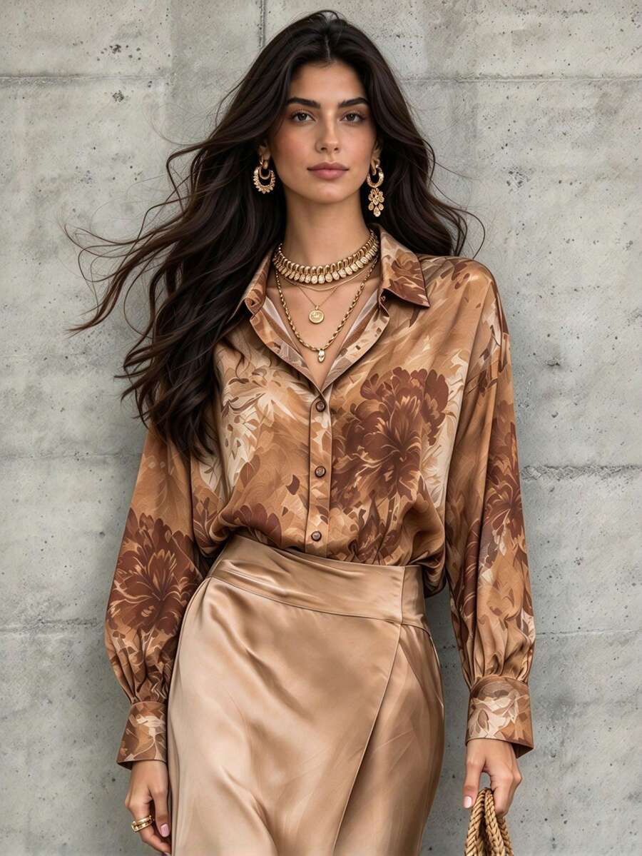 Women's Autumn Outfit, Business Casual Women's Clothing, Women's Autumn Wear, Spring/Autumn Women's Shirts, Vintage Floral Print Long Sleeve Turn-Down Collar Button-Up Blouse, Slimming Business Casual, Suitable For Commute/Holiday/Teacher's Day, Halloween Women's Clothing, Women's Vacation Wear - Brown - View 1