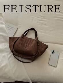 FEISTURE 1pc Solid Color Suede Large Capacity Tote Bag, Fashionable Fan-Shaped Shoulder Bag, Suitable For Girls, Women, College Students, New Professionals And White-Collar Workers, Perfect For Work, Business, Commuting, School - Coffee - View 8