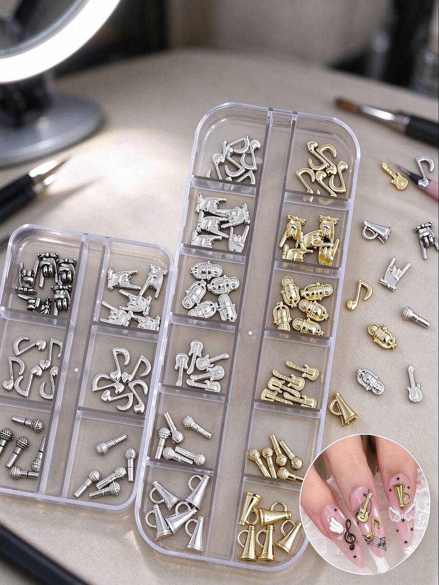 30/60PCS Exquisitely Boxed 3D Musical Note Nail Charms – Mixed-Color Assortment Featuring Guitars, Microphones, And Stars; Y2K Rock/Punk/Gothic Music-Themed Decorations For DIY Nail Art - Multicolor - View 1