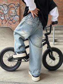 Boys' Kids' Loose Fit Straight Leg Wide Leg Denim Jeans Pants, Suitable For Autumn, Spring, All Seasons, Back To School, Daily Wear, Outdoor Casual - Light Wash - View 2
