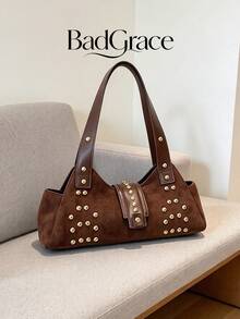 New Women's One Shoulder Underarm Bag With PU Patchwork Rivet Decoration, Flap Clasp Design, Wide Strap, Stylish And High-Quality, Moderate Size For Carrying Small Personal Items, Suitable For Daily Shopping, Commuting And Outfit Matching, Elegant Handbag - Coffee - View 11