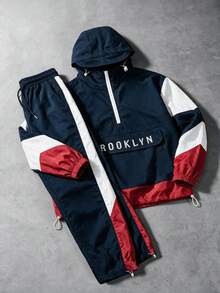 Men's American Vintage Hiking Running Thin Sports Set, Blue & Red Color Block, Eye-Catching, Half-Zip Hooded Jacket Set, Letter Embroidery Loose Drawstring Wide Leg Pants 2 Pieces Set, Unisex, Gift For Husband/Boyfriend - Navy Blue - View 1