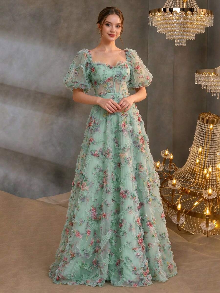 Women's Mini Floral 3D Mesh Sweetheart Collar Extra Long Evening Gown Vacation Wedding Party Fall