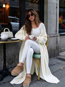 FOR BEAUTY Women's Y2K Comfortable White Long Open Front Knit Cardigan, Ribbed Knit Loose Drop Shoulder Design, Casual Daily Commute Wear, Autumn/Winter - White - View 5
