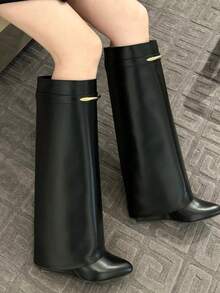 歐美風女款尖頭高筒靴，春夏新品，寬筒顯瘦直筒靴，楔跟騎馬靴 - 黑色 - 查看 3