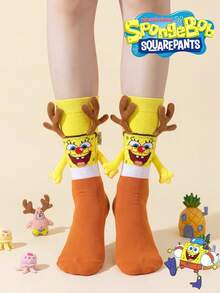 SpongeBob SquarePants 4/2/1 Pasang Kaos Kaki SquarePants Pria Motif Kartun Setengah Betis, Kaos Kaki Natal Lucu dengan Desain Tangan Berpegangan 3D - MultiWarna - View 6