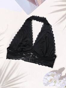 Women's Wireless Halter Neck Bra, Floral Lace Lingerie, Adjustable, No Padding, Backless, No Lining, Casual Comfortable, Solid Color, Summer Underwear - Black - View 8