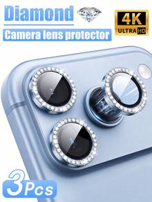 3Pcs Compatible Compatible With Iphone 18 Pro/18 Pro Max/17/17Pro/17Promax/16/15/14/13/12/11 Camera Lens Protector 9H Tempered Glass Ultra HD Bling Camera Screen Protector Cover Metal Individual Ring Accessories, Glacier Blue Diamond - Light Blue - View 1