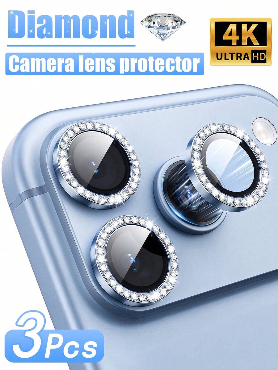 3Pcs Compatible Compatible With Iphone 18 Pro/18 Pro Max/17/17Pro/17Promax/16/15/14/13/12/11 Camera Lens Protector 9H Tempered Glass Ultra HD Bling Camera Screen Protector Cover Metal Individual Ring Accessories, Glacier Blue Diamond - Light Blue - View 1