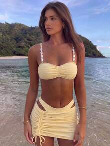 Bikinx Women's 3-Piece Vacation Set, Solid Color Textured Fabric Bikini Swimwear, Side Drawstring Mini Skirt Beach Summer Yellow - Yellow - View 3