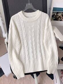 Women's Ribbed Cable Knit Pullover Sweater, Autumn/Winter Long Sleeve Regular Fit Knit Top, Versatile Commuter Style - White - View 7