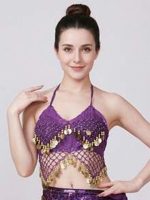 New Belly Dance Performance Top Featuring A Fish-Scale Sequin Design; A Stylish Accessory Adorned With Gold Tassels And Beadwork, Perfect For Stage Performances, Parties, Festivals, And Dance Shows-Offering An Elegant, Arabian-Inspired Look. - Multicolor - View 17