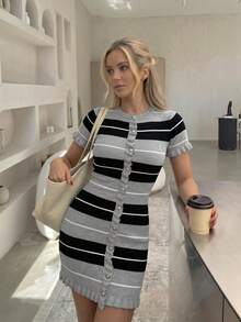 Women's Summer Casual Elegant Round Neck Short Sleeve Ruffle Hem Striped Patchwork Knit Dress - Grey - View 1