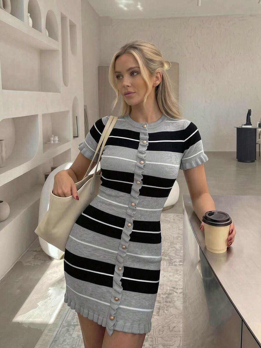 Women's Summer Casual Elegant Round Neck Short Sleeve Ruffle Hem Striped Patchwork Knit Dress - Grey - View 1