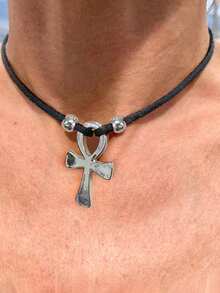 1pc Men's Pendant Necklace, Gold & Silver Dual-Tone Metal Round Ring Cross Pendant, Hip-Hop Style, Suitable For Daily Street Wear, Autumn - Multicolor - View 6