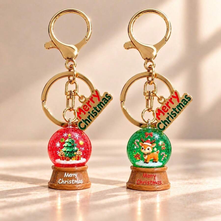 1pc/2pcs Women's Christmas Series Faux Crystal Ball Resin Pendant, Reindeer Christmas Tree Print, English Letter Accessory Keychain, Christmas Gift Bag Charm - Multicolor - View 1