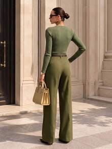 Women's Casual 2 Pieces Set For Autumn & Winter, Elegant Ribbed Knit Top With Gold Buttons On Shoulders, High-Waisted Non-Stretch Wide-Leg Pants - Army Green - View 6