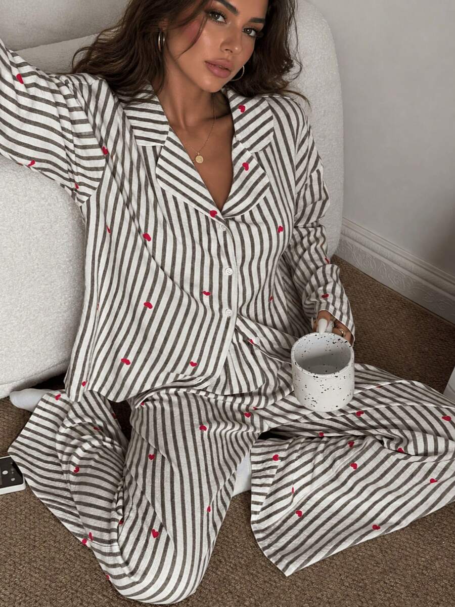 Nina Bonheur 2pcs Women Loose Comfortable Breathable Long Sleeve Top And Long Pants Pajama Set, Cute Home Wear