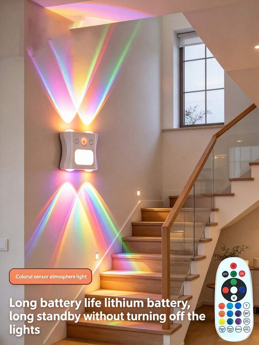 Remote Control*1 + Smart Wall Light*1 - 1 Set 16 Color Smart Motion Sensor RGB Wall Light Night Light, Magnetic Installation, Bedroom, Living Room, Game Room, Holiday Party Lighting, 4-Head RGB, Up And Down Lighting, Detachable Wall-Mounted Night Light, Bedroom Decor, Bathroom Cabinet Storage