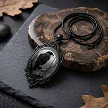 1pc Gothic Dark Style Crow Moon Glass Pendant Necklace For Women, Vintage Crow And Moon Pattern Necklace, Dark Aesthetic Jewelry, Daily And Holiday Wear Accessory, Unique Gift For Girls - Black - View 4