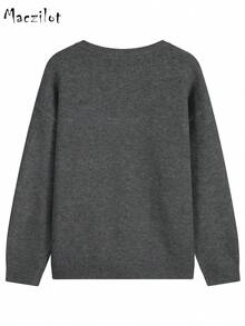 Plus Size Women's Round Neck Knit Cardigan, Front Button Long Sleeve Sweater, Slim Fit Warm Autumn/Winter Commuter Jacket - Dark Grey - View 5