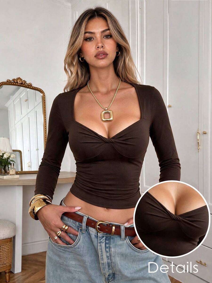 Women's Brown Solid Color Knitted Heart Neck Long Sleeve Cropped Top, Twisted Front Design, Suitable For Outings And Dates - Brown - View 1
