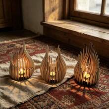 3pcs Wooden Hollow Flame Candle Holder Set, Natural Wood Style Tea Light Base, Home Restaurant Tabletop Decor, Holiday Party Candlelight Ornament - 3pcs - View 2