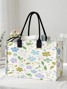 1pc Mint Green Flowers Print Canvas Tote Bag, Open Top Large Capacity Reusable Portable Handbag For Shopping Work School Daily Travel - Multicolor - View 12