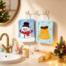 1pc Christmas Snowman & Bell Hanging Hand Towel, Cute Embroidered Coral Fleece Material, Quick-Drying, Suitable For Bathroom, Kitchen And Other Scenes, Perfect For Christmas Home Decor And Gift - Multicolor - View 5