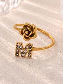 1Pc Vintage Zirconia Initial Letter Open Ring With 3D Rose, Open Adjustable Stainless Steel Ring, Personalized Alphabet Statement Jewelry, Birthday Gift - Yellow Gold - View 4