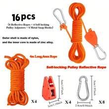 16pcs Self-Locking Pulley Reflective Tent Guyline, Adjustable Camping Windproof Rope, Suitable For Tents, Canopies And Sun Sails, Nylon Shell Zinc Alloy Core Tension Adjustment Set - one-size - View 5