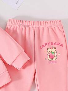 Toddler Cartoon Pattern Warm Crew Neck Sweatshirt And Flare Pants - Pink - View 6