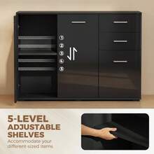 Sideboard, Modern Storage Cabinet With 2 Drawers, 3 And Adjustable Shelves, High Gloss Black - Black + Engineered Wood - View 4