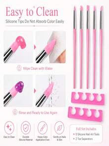 7Pcs Nail Tool Set, Silicone Nail Art Brushes With Toe Separators, Manicure And Pedicure Accessories - Pink - View 2