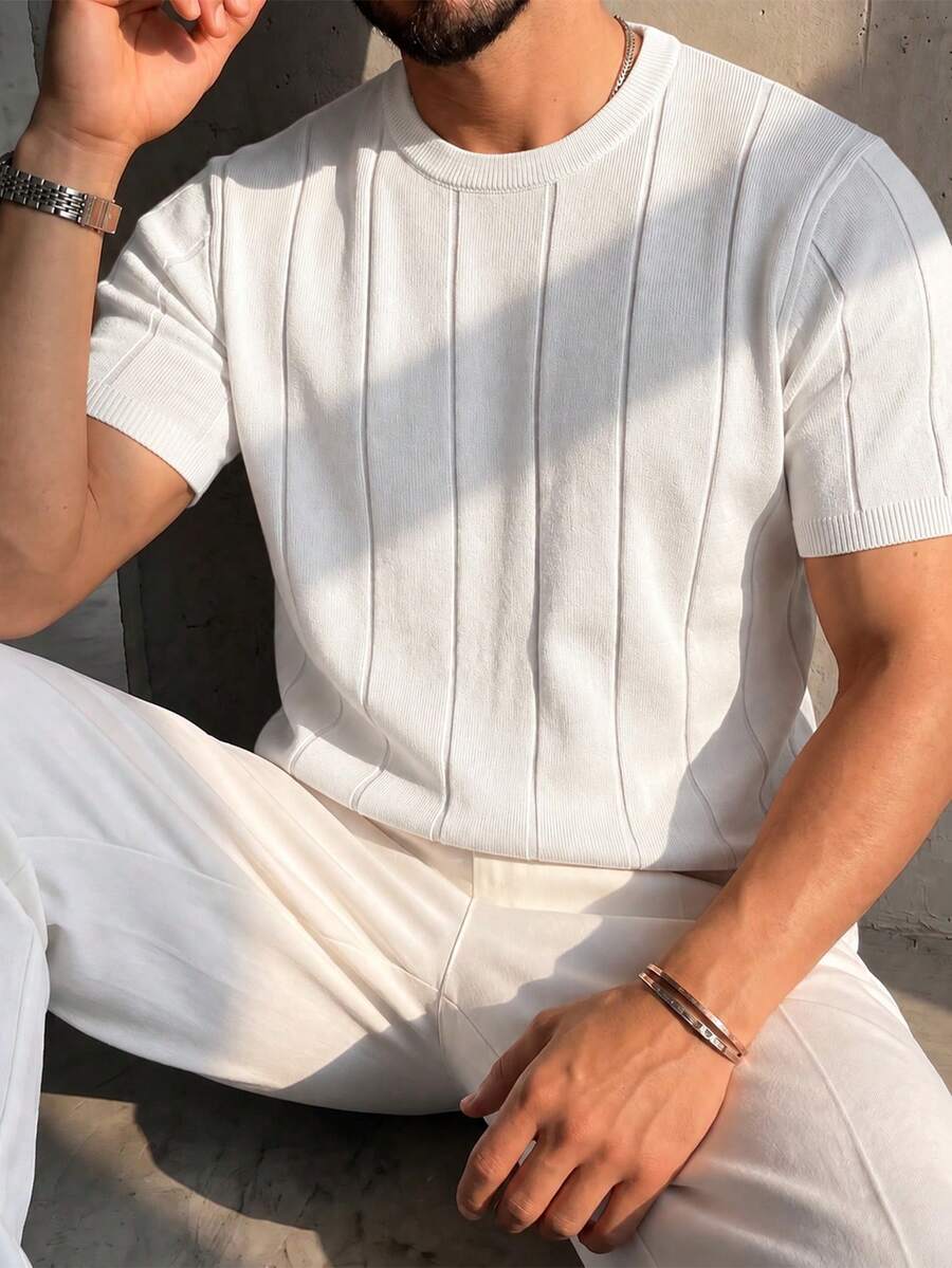 Men's Spring/Summer Ribbed Crew Neck Thin Loose Knit Short Sleeve Sweater