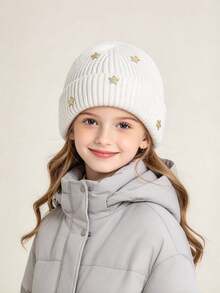 Knitted Woolen Hat For Girl In Autumn And Winter, Three-Dimensional Star-Shaped Pile Hat With Turned Edges For Warmth, Star Pattern Design - Multicolor - View 3