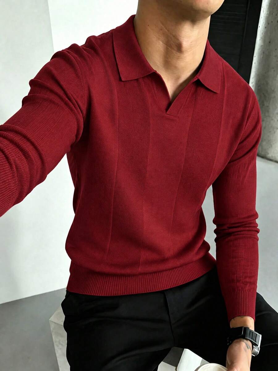 Burgundy Vertical Ribbed Knit Polo Men's Autumn/Winter Smart Casual Lapel Commute Long Sleeve Airplane Collar Knit Top Christmas Style