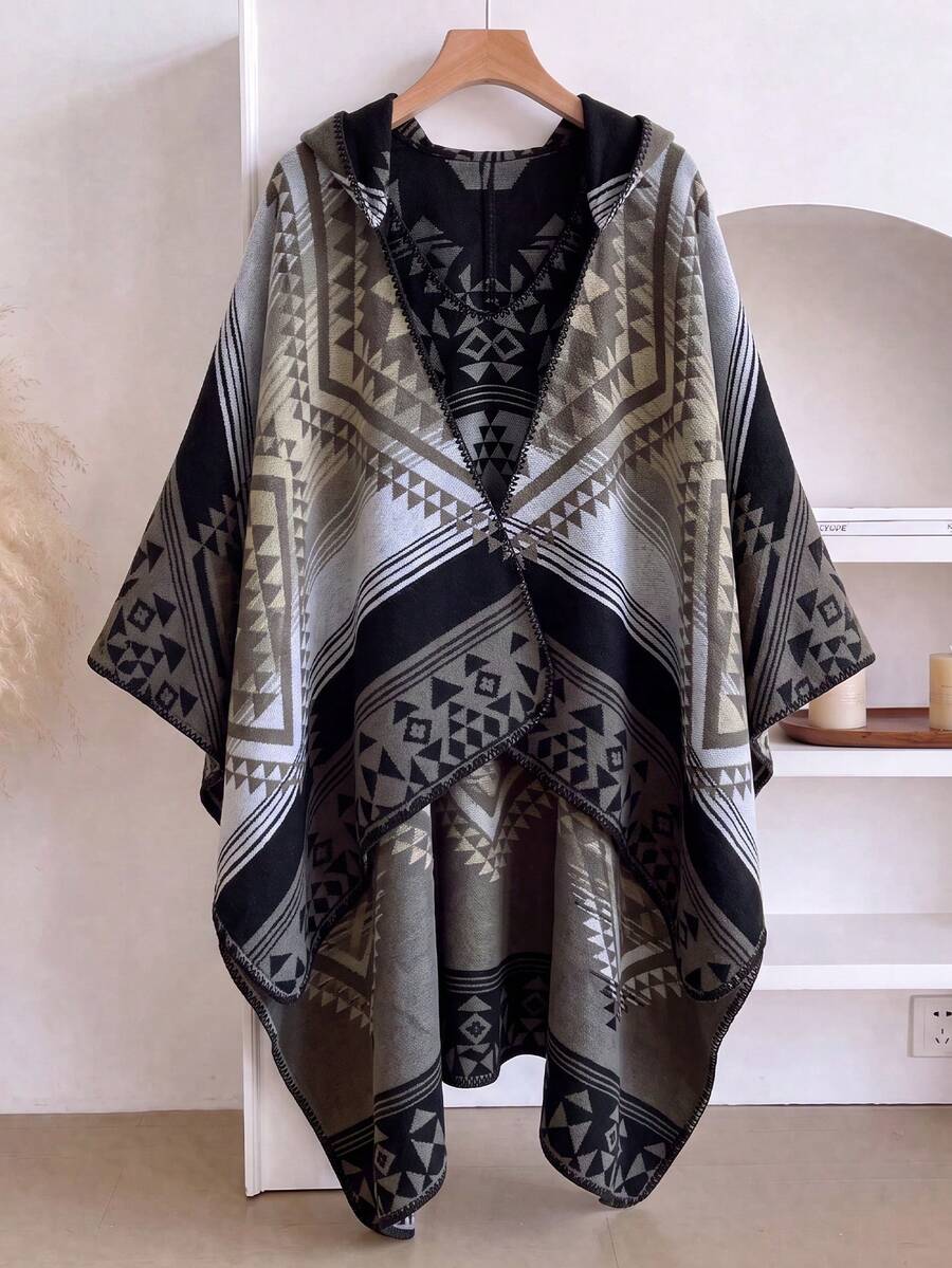 1pc Bohemian Pattern Jacquard Hooded Cape Shawl, Women's Autumn/Winter Fashion Versatile Warm Poncho Cardigan Jacket, Suitable For Daily Wear, Travel - Grey-black - View 1