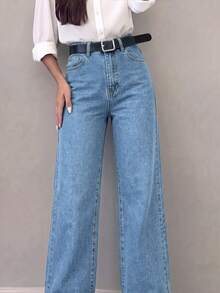 Light Blue Washed Mid-To-High Waist Women's Wide Leg Denim Jeans (Belt Not Included), Classic Five-Pocket Loose Drape Straight Leg Floor-Length Pants, Versatile All-Season Commuter Denim Trousers - Medium Wash - View 4
