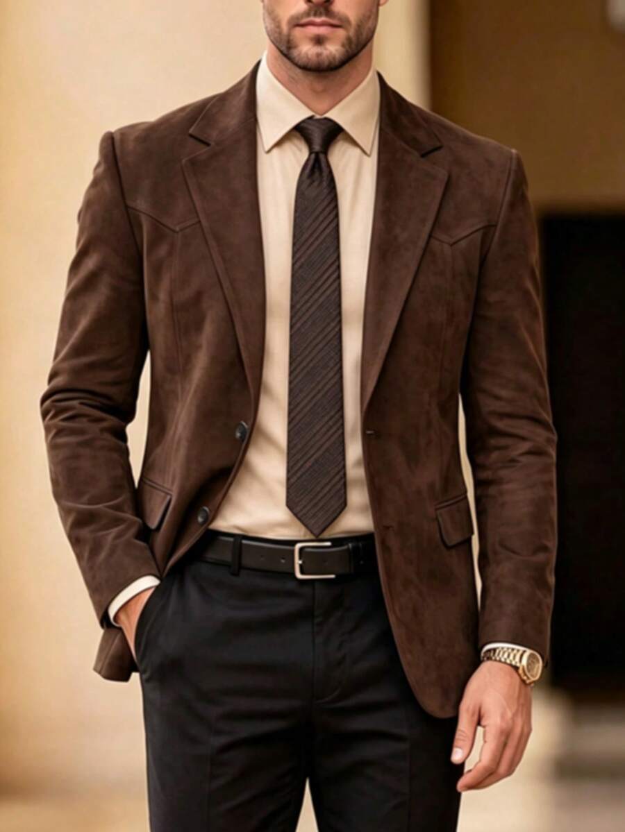 Men's American Style Suede Solid Color Blazer, Vintage Light Business Casual Suit Jacket - Brown - View 1