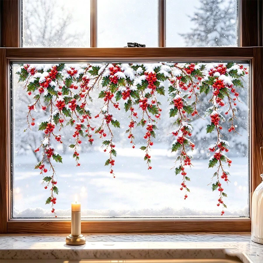 1pc Holly And Raspberry Vine Window Sticker, Double-Sided Visible PVC Electrostatic Adsorption Glass Sticker, Home, Store, Holiday, Party, Christmas Decoration. - Multicolor - View 1