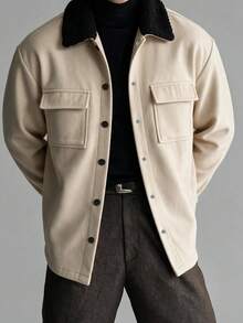 Jaket Kemeja Flanel Gaya Utilitas Dua Saku Musim Gugur/Dingin Pria GOLDREDY dengan Kerah Blok Warna Vintage - Aprikot - View 3