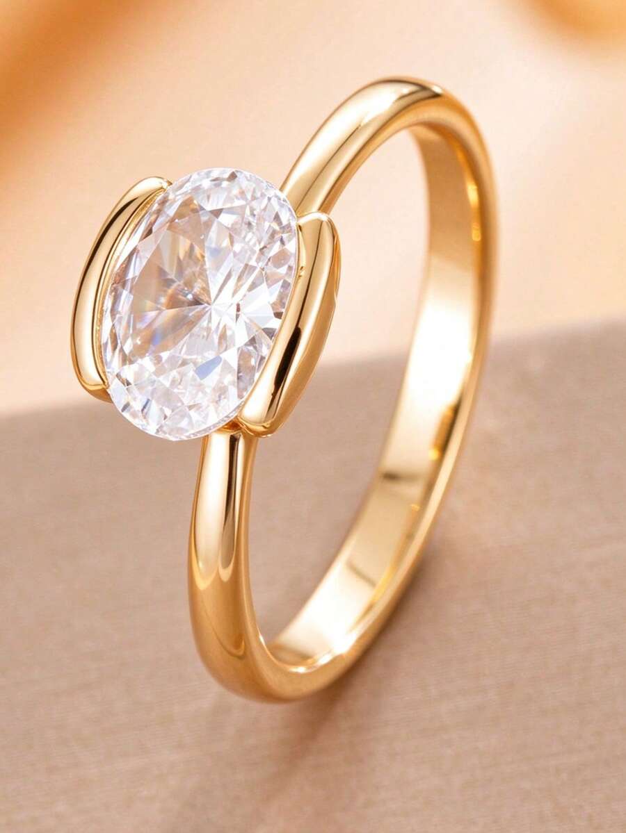 1件女款時尚百搭鍍金橢圓鋯石戒指,適合婚禮、訂婚、求婚、特殊場合禮物 - 銀色 - 查看 1