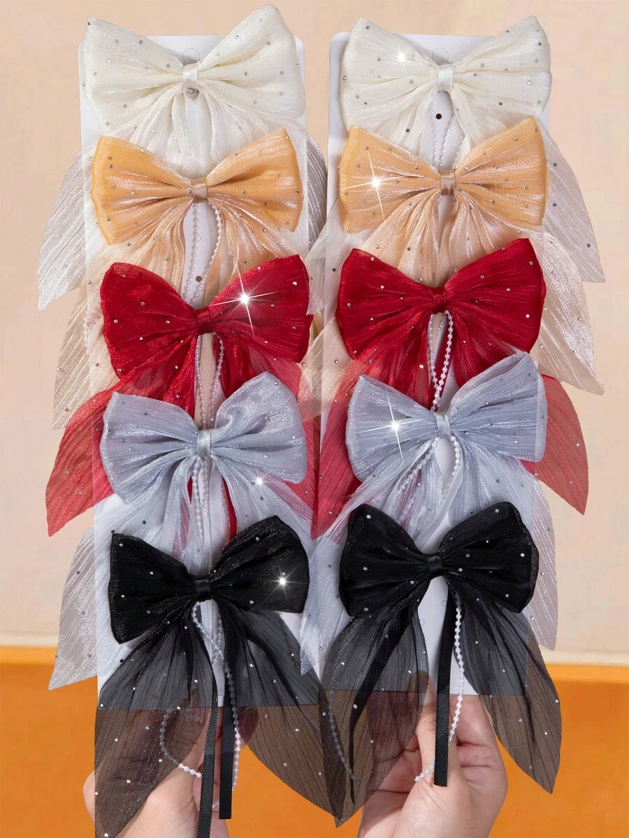 10/5/1pc Girls Mesh Rhinestone Bow Hair Clip With Pearl Chain And Ribbon, Fairy Style Princess Hair Accessory For Back Of Head, Daily Wear, Autumn/Winter, Coffee/Black - Multicolor - View 1