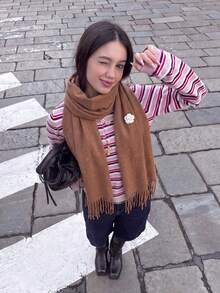 1件女款極簡純色羊絨圍巾，休閒百搭流蘇保暖披肩，時尚防寒外套，適合日常穿著 - 紅咖色 - 查看 6