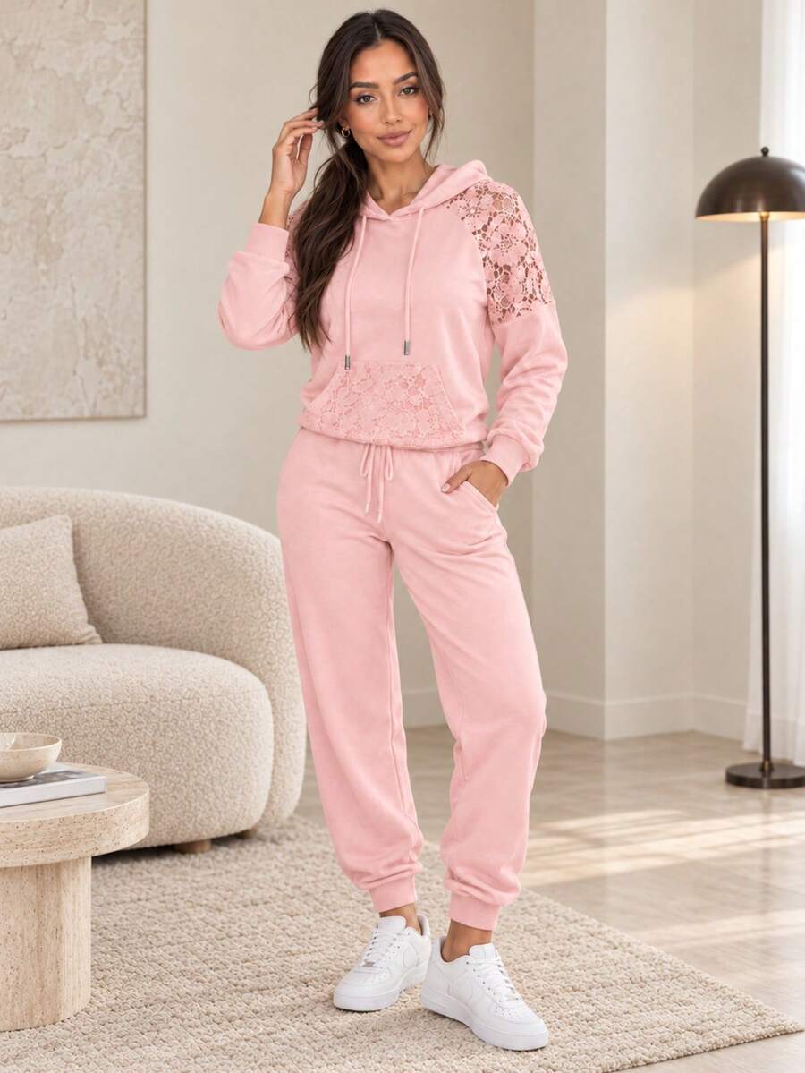 ChicMe Women's 2 Pieces Set: Lace Patchwork Kangaroo Pocket Drawstring Hoodie And Elastic Waist Jogger Pants, Casual And Fashionable For Daily Wear Elegant - Pink - View 1