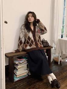 Women's Autumn/Winter V-Neck Diamond Check Single-Breasted Casual Cardigan Jacket - Brown - View 5