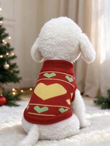 1pc Christmas Heart Geometric Print High Neck Dog Sweater, Soft & Warm Pet Knitwear - Red - View 4